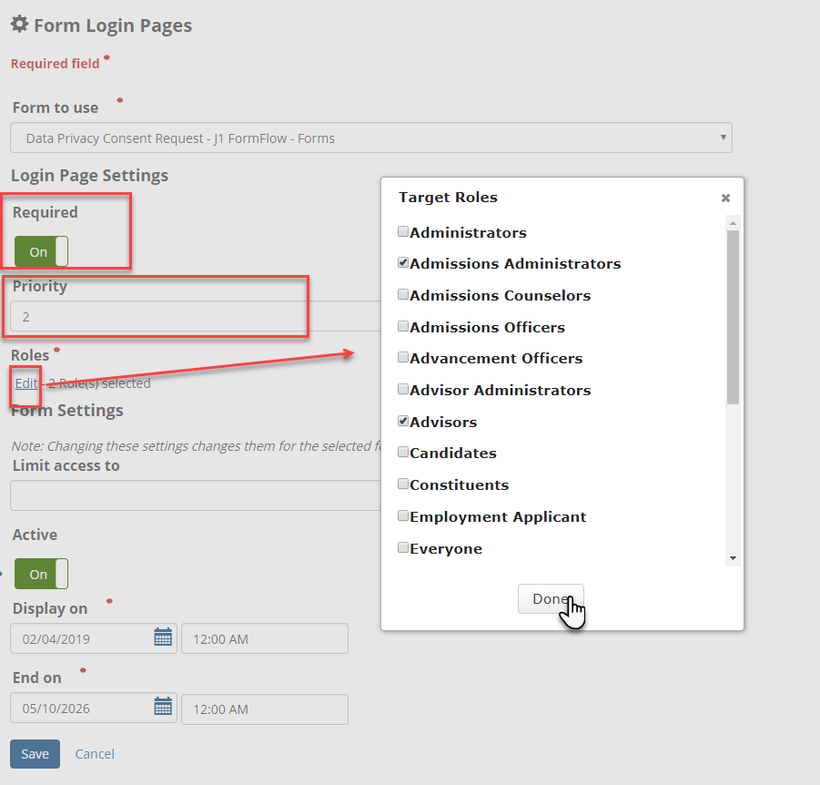 Form Login Pages sample setup with the Required button, Priority field, and Edit link highlighted.