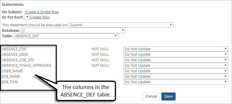 Example list of columns related to the selected table from the Statements pop-up.