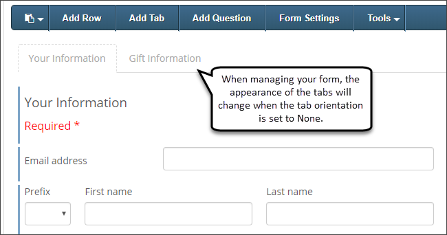 Sample form in Manage Forms view to create hidden tabs.