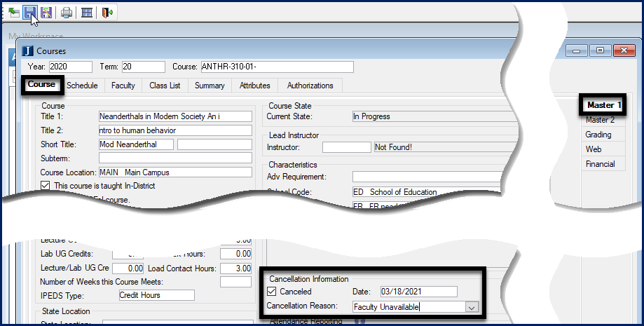 The Courses window, Course tab, Master 1 subtab showing the "Cancellation" checkbox selected