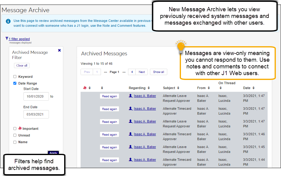 Image shows the J1 Web Message Archive page with call outs highlighting filters and a reminder that messages are view-only, which means users cannot respond to them.