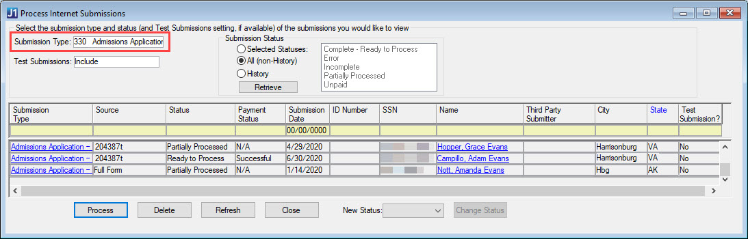 Process Internet Submissions window with Submission Type highlighted.