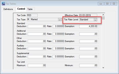 Tax Tables window, Control tab with Tax Rate Level field highlighted.