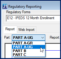 Regulatory Reporting window, Report tab, Part drop-down.