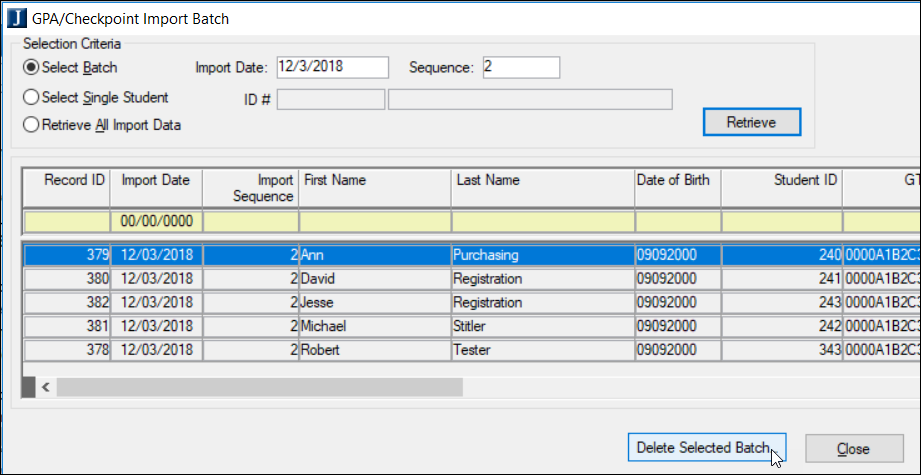 GPA/Checkpoint Import Batch window with Delete Selected Batch button highlighted.