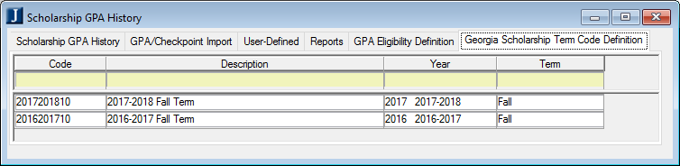 Scholarship GPA History window, Georgia Scholarship Term Code Definition tab.
